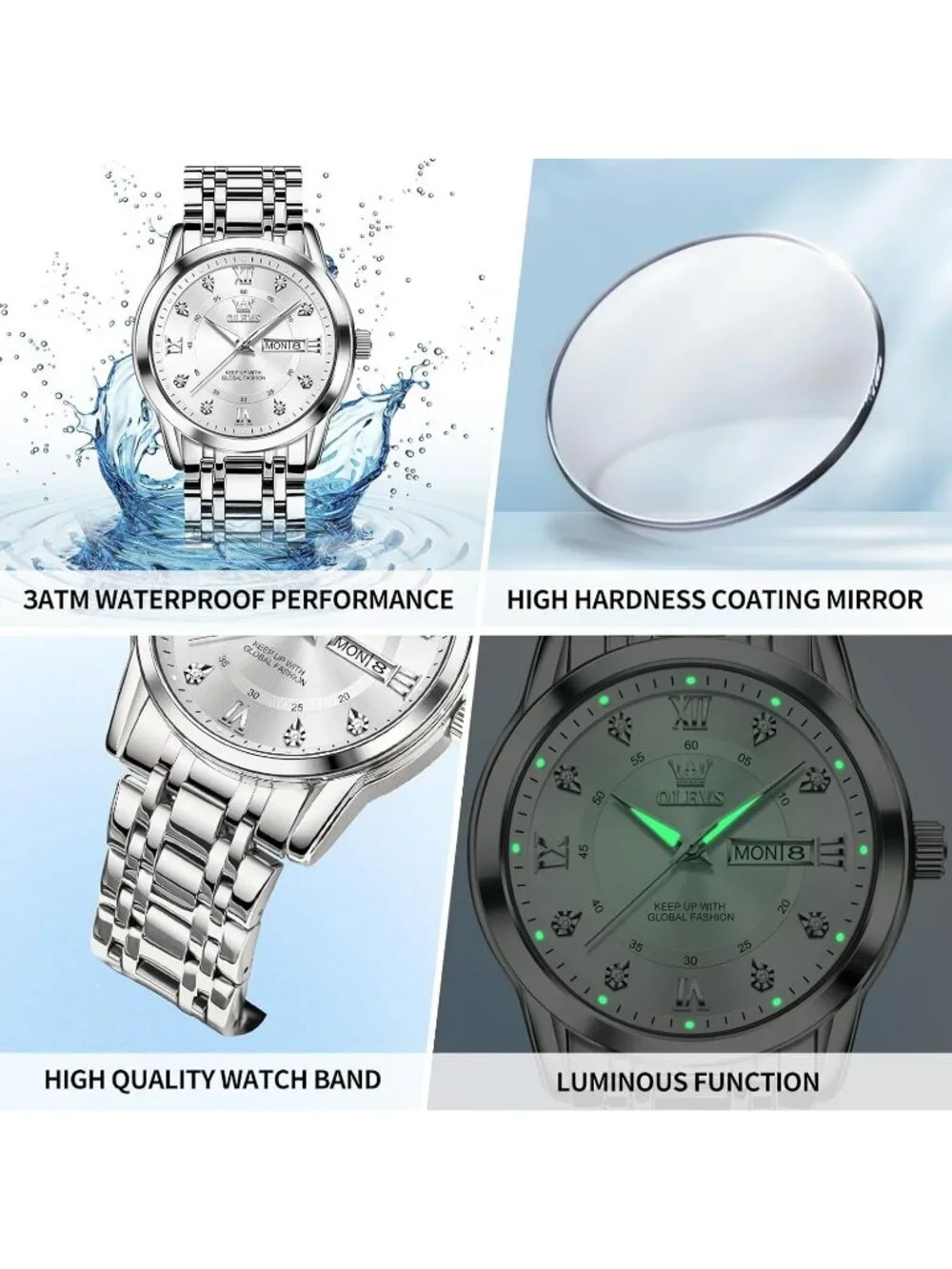 Mens Silver White Stainless Steel Waterproof Roman Numbers Diamond Classic Watch